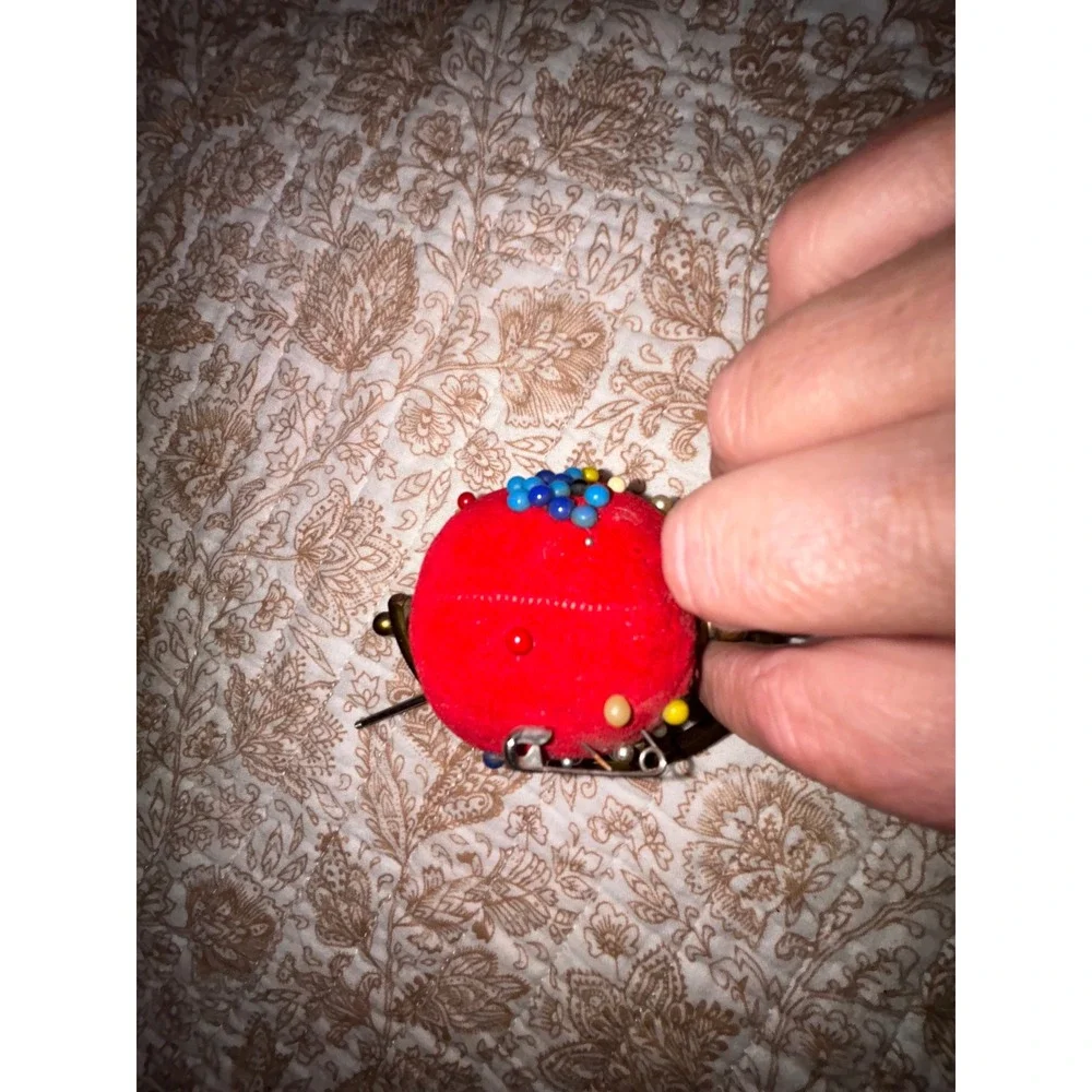 Vintage Red Tomato Pin Cushion Brass Swivel Frame Sewing Notion with Pins